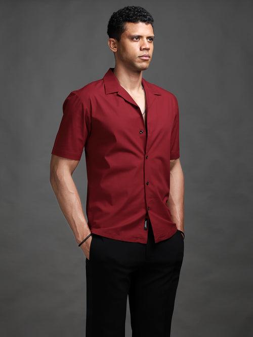 Carmine Red Stretch Cuban Shirt