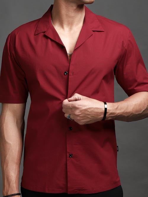 Carmine Red Stretch Cuban Shirt