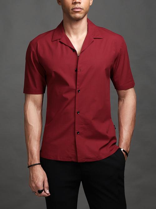 Carmine Red Stretch Cuban Shirt