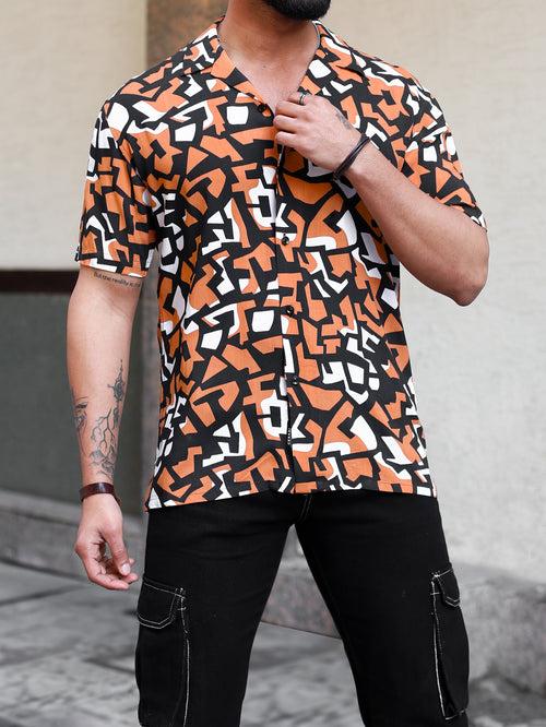 Coral Black Abstract Print Cuban Shirt