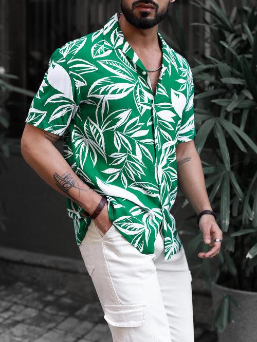 Emerald Green Leaves Print Shirt