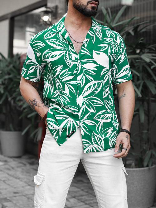 Emerald Green Leaves Print Shirt