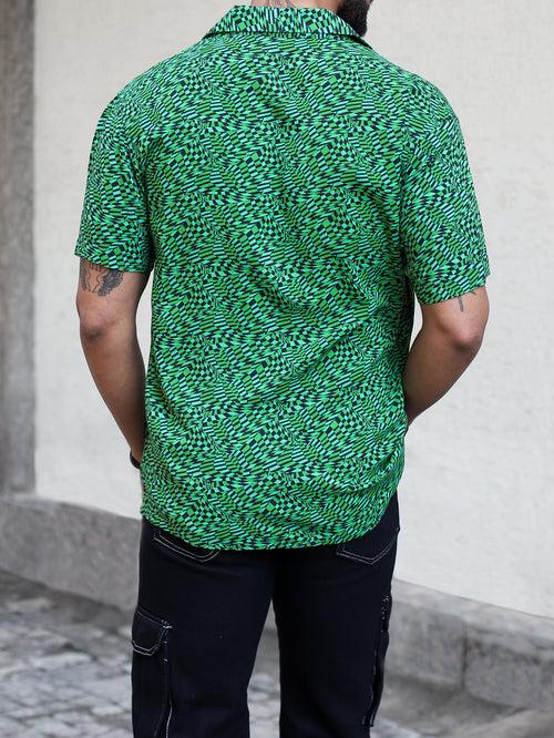 Green Distorted Checks Cuban Shirt
