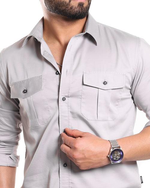 Steel Grey Pleated Pockets Stretch Shirt (Premium)