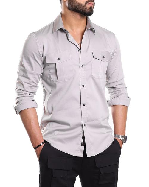 Steel Grey Pleated Pockets Stretch Shirt (Premium)