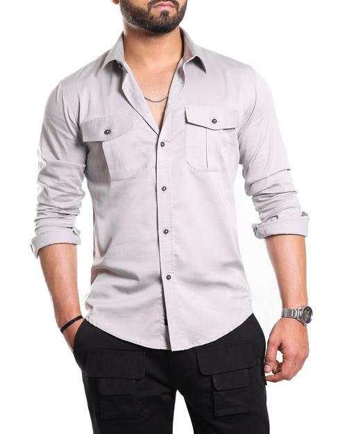 Steel Grey Pleated Pockets Stretch Shirt (Premium)