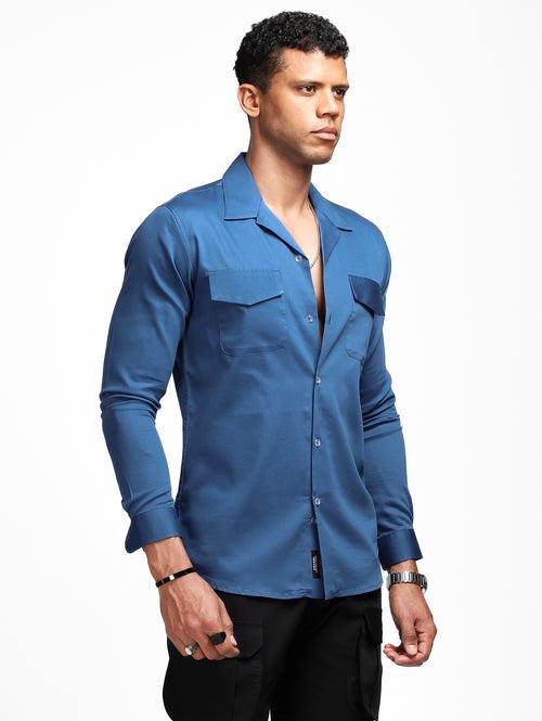 Luxe Blue Stretch Cuban  Shirt