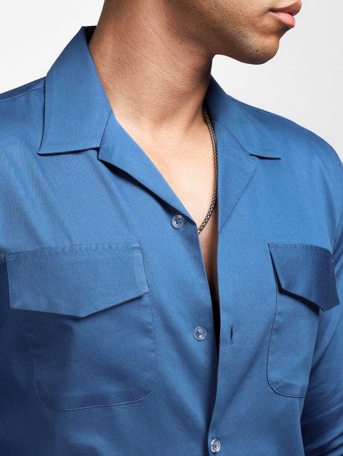 Luxe Blue Stretch Cuban  Shirt