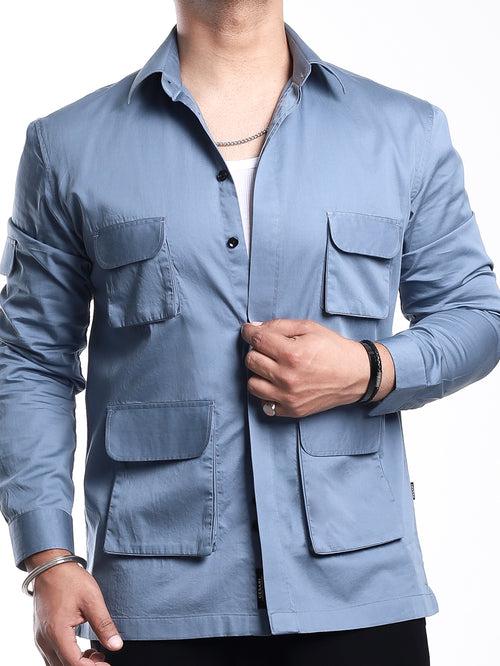 Pastel Blue 4-Pockets Cotton Shirt