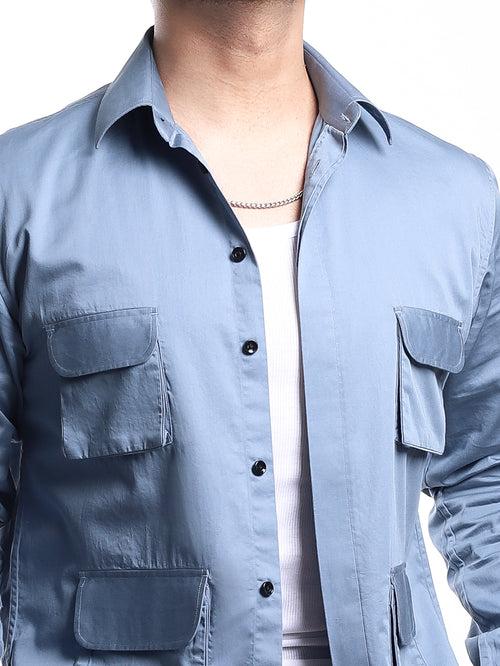 Pastel Blue 4-Pockets Cotton Shirt