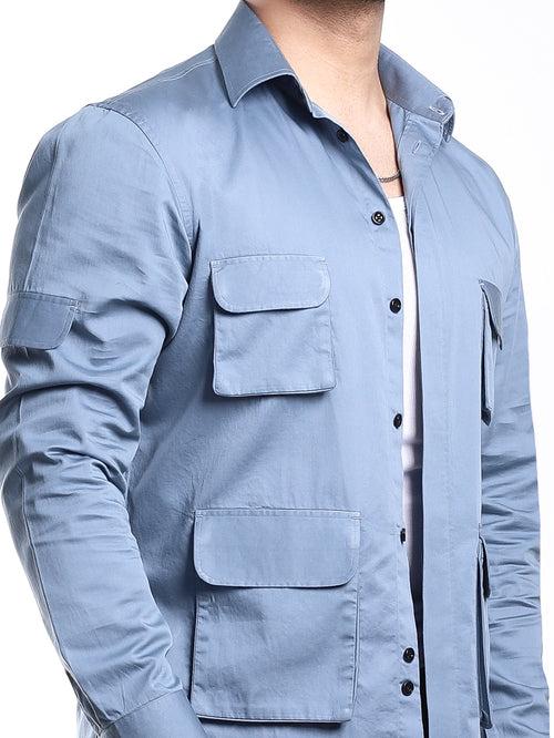 Pastel Blue 4-Pockets Cotton Shirt