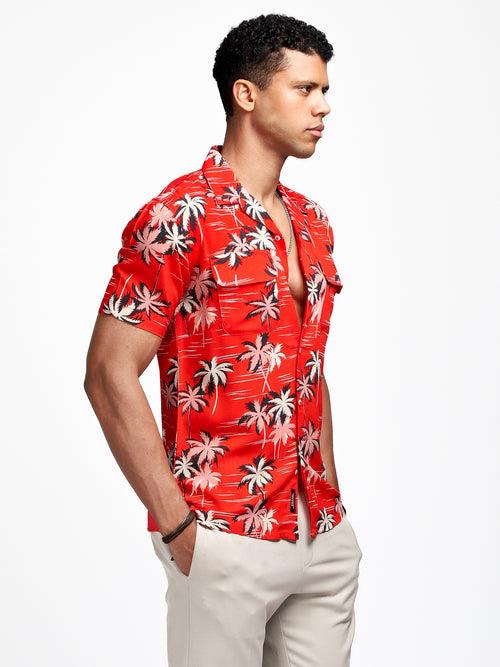 Red Tropical Print Cuban Shirt