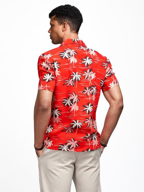 Red Tropical Print Cuban Shirt