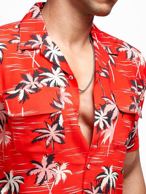 Red Tropical Print Cuban Shirt