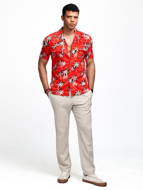 Red Tropical Print Cuban Shirt