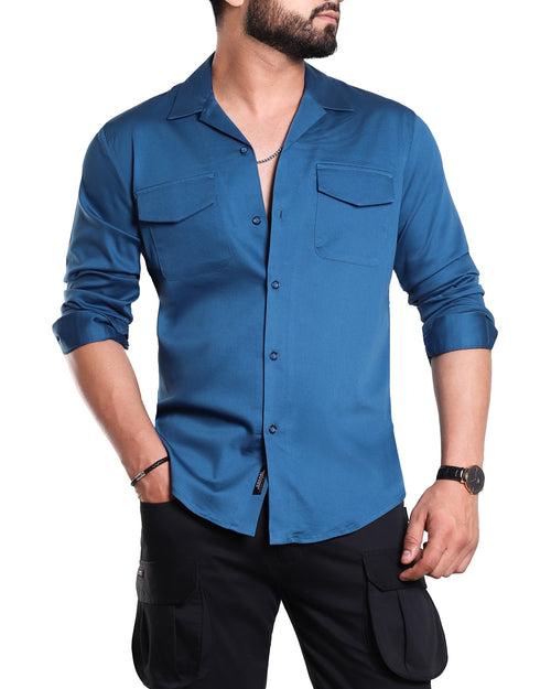 Luxe Blue Stretch Cuban  Shirt