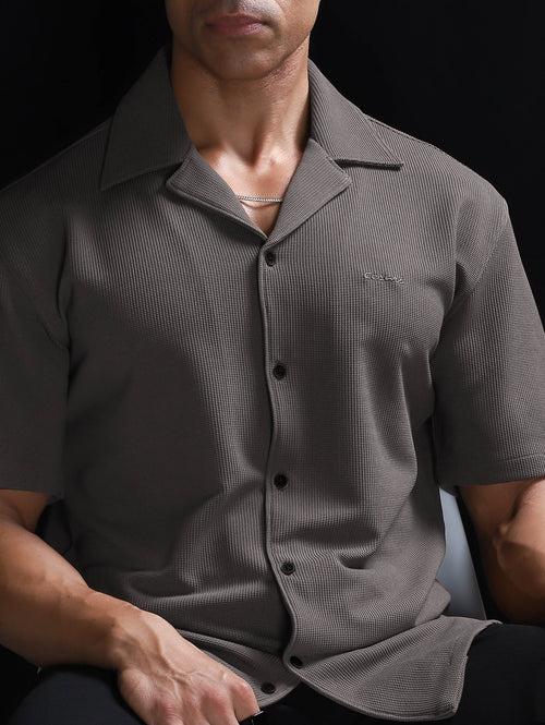 Warm Grey Textured Bowling Shirt