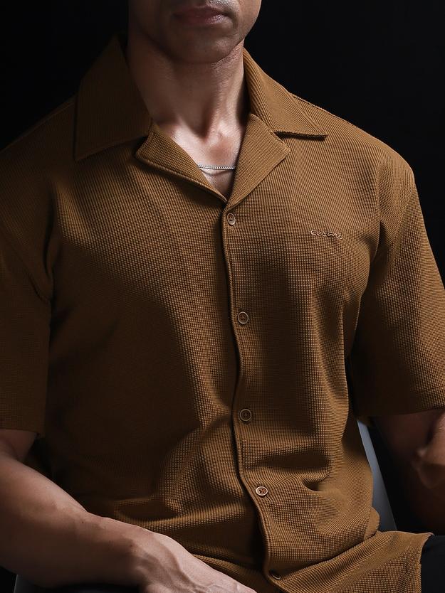 Tan Brown Textured Bowling Shirt