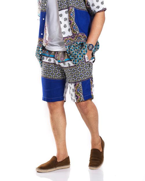 Blue Scarf Print Shorts in 100% Pure Linen (Shirt not included)