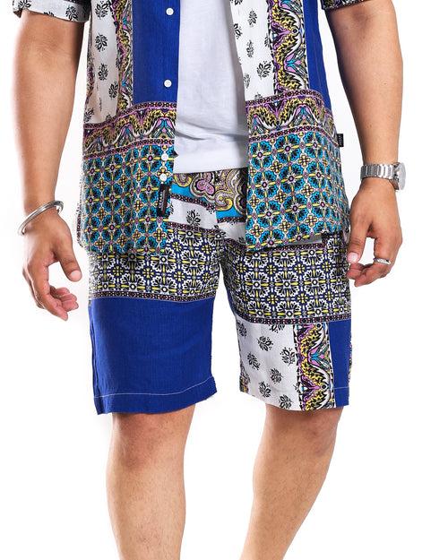 Blue Scarf Print Shorts in 100% Pure Linen (Shirt not included)