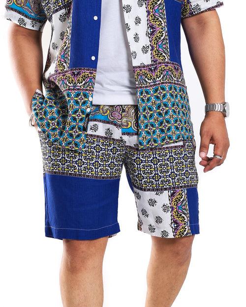 Blue Scarf Print Shorts in 100% Pure Linen (Shirt not included)