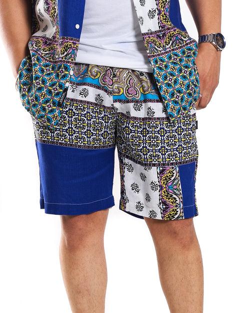 Blue Scarf Print Shorts in 100% Pure Linen (Shirt not included)