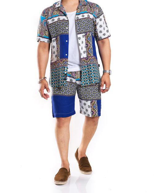 Blue Scarf Print Shorts in 100% Pure Linen (Shirt not included)