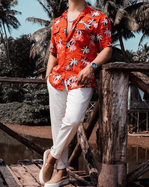 Red Tropical Print Cuban Shirt