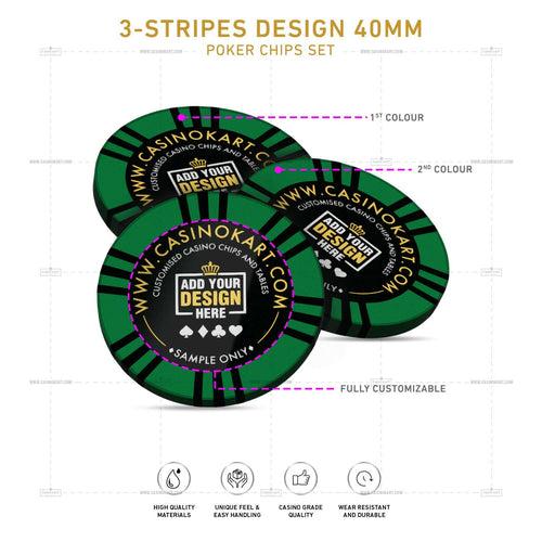 Customisable Casino Poker Chips, 3 Stripes Design 40 MM