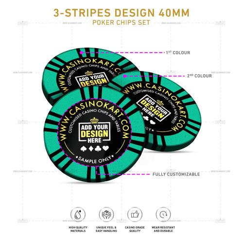 Customisable Casino Poker Chips, 3 Stripes Design 40 MM