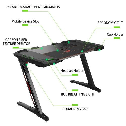 Eureka Ergonomic Gaming Table- Z2, Z Shaped, 50 Inches, RGB LED Light