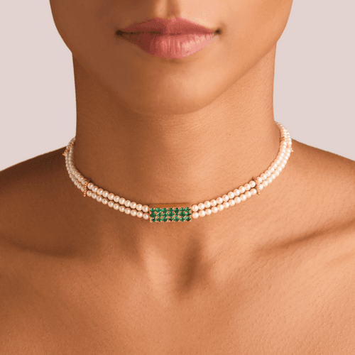 Taveez Choker Necklace with Akoya Pearls ft. Gemfields Zambian Emeralds