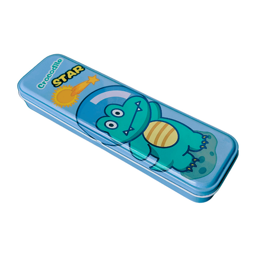 Cartoon Hardtop 2 Compartment Small Size Metal Pencil Box - Crocodile Star Design  Blue Colour