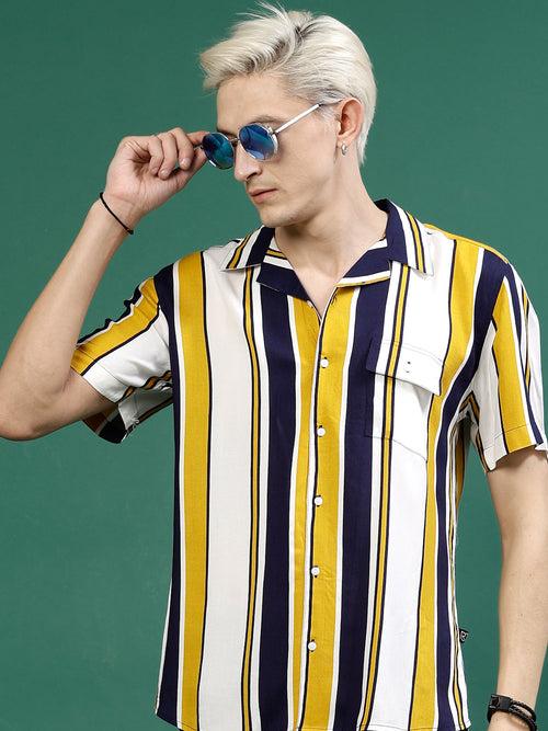 Men's Striped Rayon Cut Away Collar Shirt