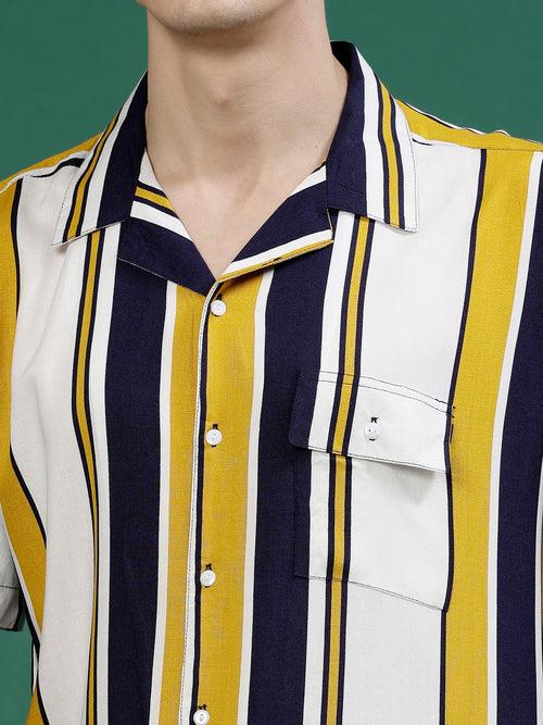 Men's Striped Rayon Cut Away Collar Shirt