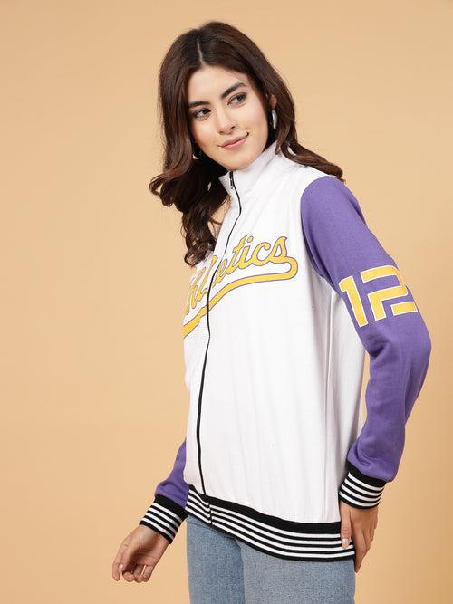 Women Athletic Puff Printed Varsity Jacket