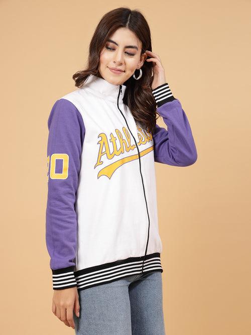 Women Athletic Puff Printed Varsity Jacket