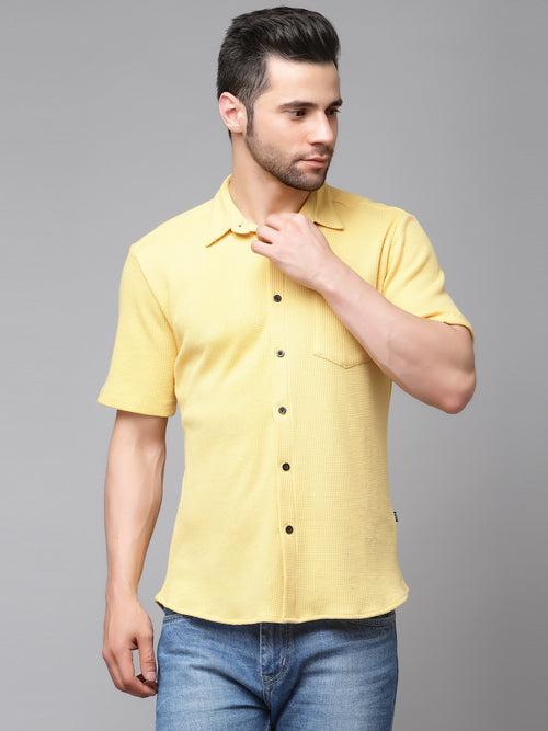 Self Textured Waffle Knit Half Sleeves Shirt With Cuban Collar