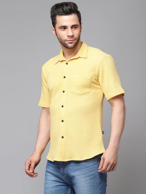 Self Textured Waffle Knit Half Sleeves Shirt With Cuban Collar