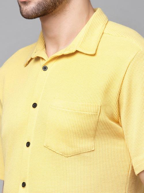 Self Textured Waffle Knit Half Sleeves Shirt With Cuban Collar