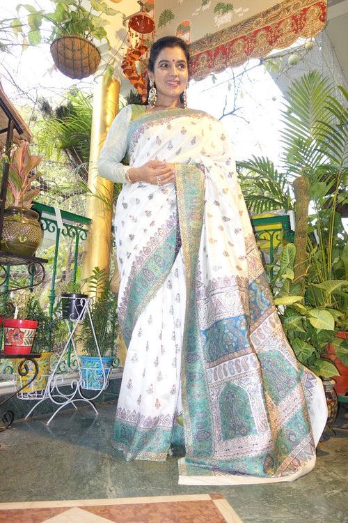 White and Sage Green Kani Saree