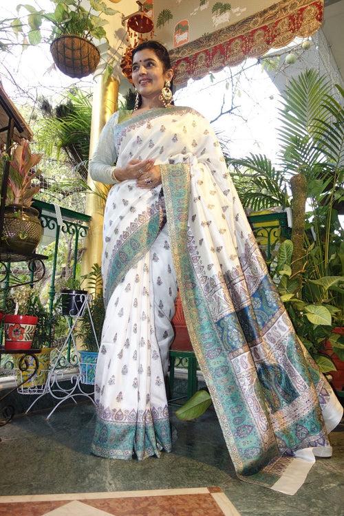 White and Sage Green Kani Saree