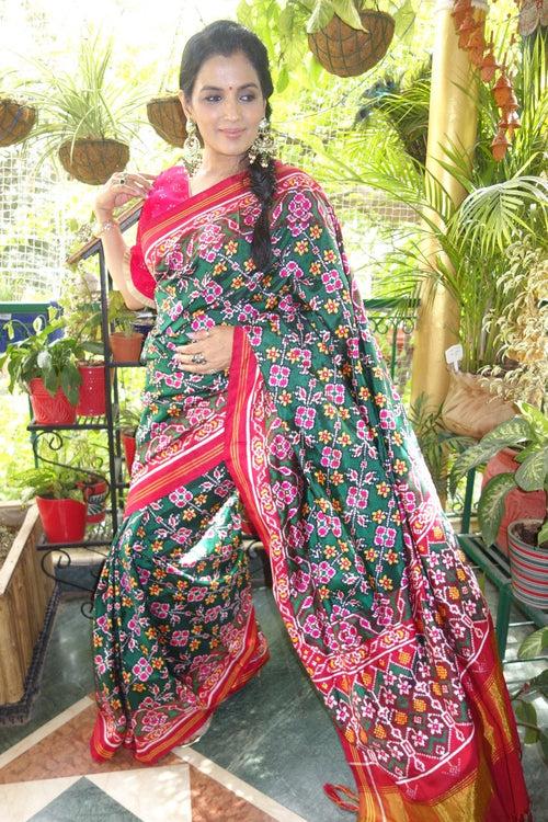 Green Diagonal Floral Patan Patola saree