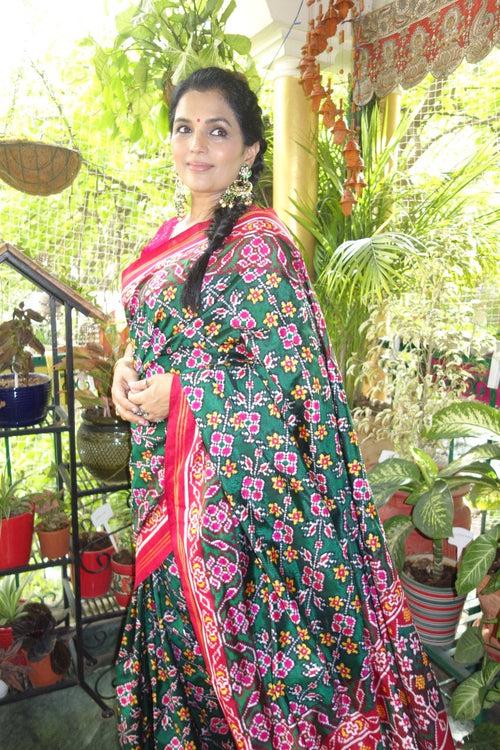 Green Diagonal Floral Patan Patola saree