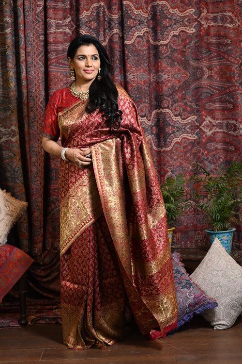 Wine Raw Silk Kani Saree