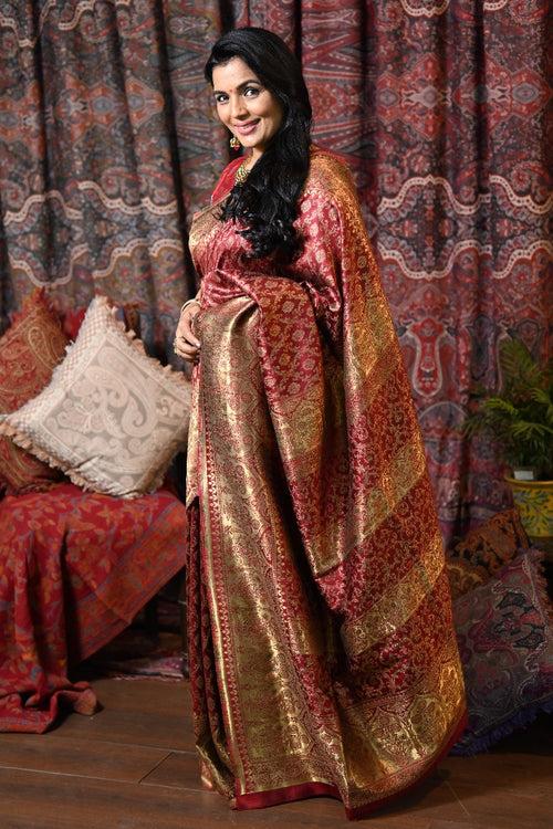 Wine Raw Silk Kani Saree