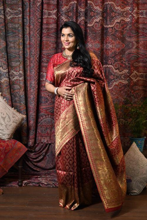 Wine Raw Silk Kani Saree