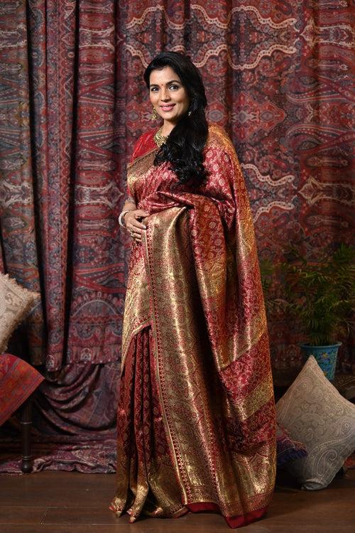 Wine Raw Silk Kani Saree