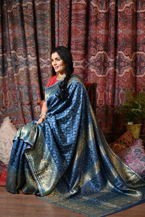 Blue Raw Silk Kani Saree