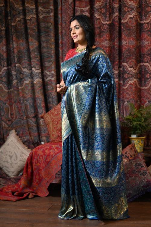 Blue Raw Silk Kani Saree